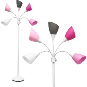 Simple Designs LF2006-WPG 67" Contemporary Multi-Head Medusa 5 Light Adjustable Gooseneck White Floor Lamp with Pink, White, Gray Shades for Kids Bedroom Playroom Living Room Office, 30 x 10 x 67