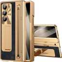 NINKI for Samsung Galaxy Z Fold 5 Case with S Pen Holder & S Pen, Galaxy Z Fold 5 Phone Case with Stand & Screen Protector, Plating Leather Hinge Protective Cover for Z Fold5 5G  Gold with Black