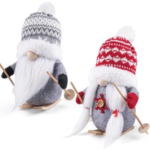 D-FantiX 2Pack Sled Christmas Gnomes Plush with Wood Skis and Ski Poles, Handmade Swedish Tomte Santa Scandinavian Figurine Nordic Plush Elf Doll Gnome Ornaments Christmas Decorations Home Decor