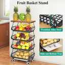 SAYZH Fruit Basket Kitchen Pantry Organizers and Storage - Wooden Top Table, Stackable Metal Wire Basket Stand Cart for Fruit Vegetable Snacks Onion Potato Organization (Black, 5 Tiers)