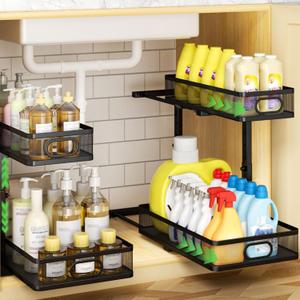 Under Sink Organizer 2-Pack, Metal 2-Tier Pull-Out Cabinet Shelf with Slide-Out Mesh Drawers, Height Adjustable, Space-Saving Under Sink Storage Racks for Kitchen, Bathroom, Laundry Room (Black)