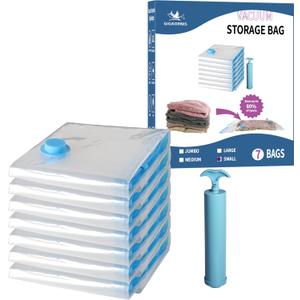 7 Pack Small Space Saver Vacuum Storage Bags for Clothing Travel, Vacuum Seal Compression Bags for Clothes, Packing, Luggage, Blankets, Comforters and Pillows, Hand Pump Included
