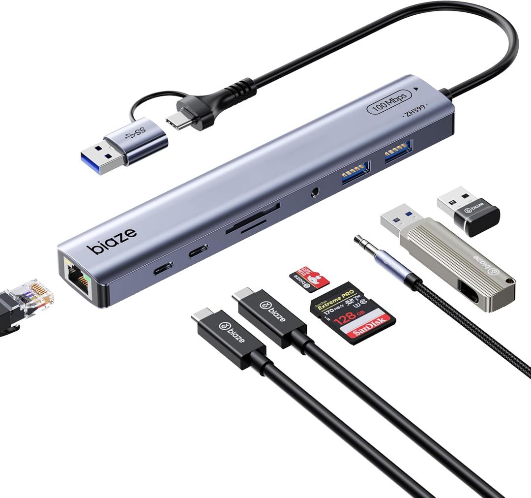 BIAZE 9-in-1 USB/ USB C Hub Adapter for MacBook, iPhone, 3 USB Ports (2xUSB 3.0, USB 2.0), 100M Ethernet, SD/ TF Card Reader, 3.5mm Audio, 2X USB-C Data Ports, No Driver Required