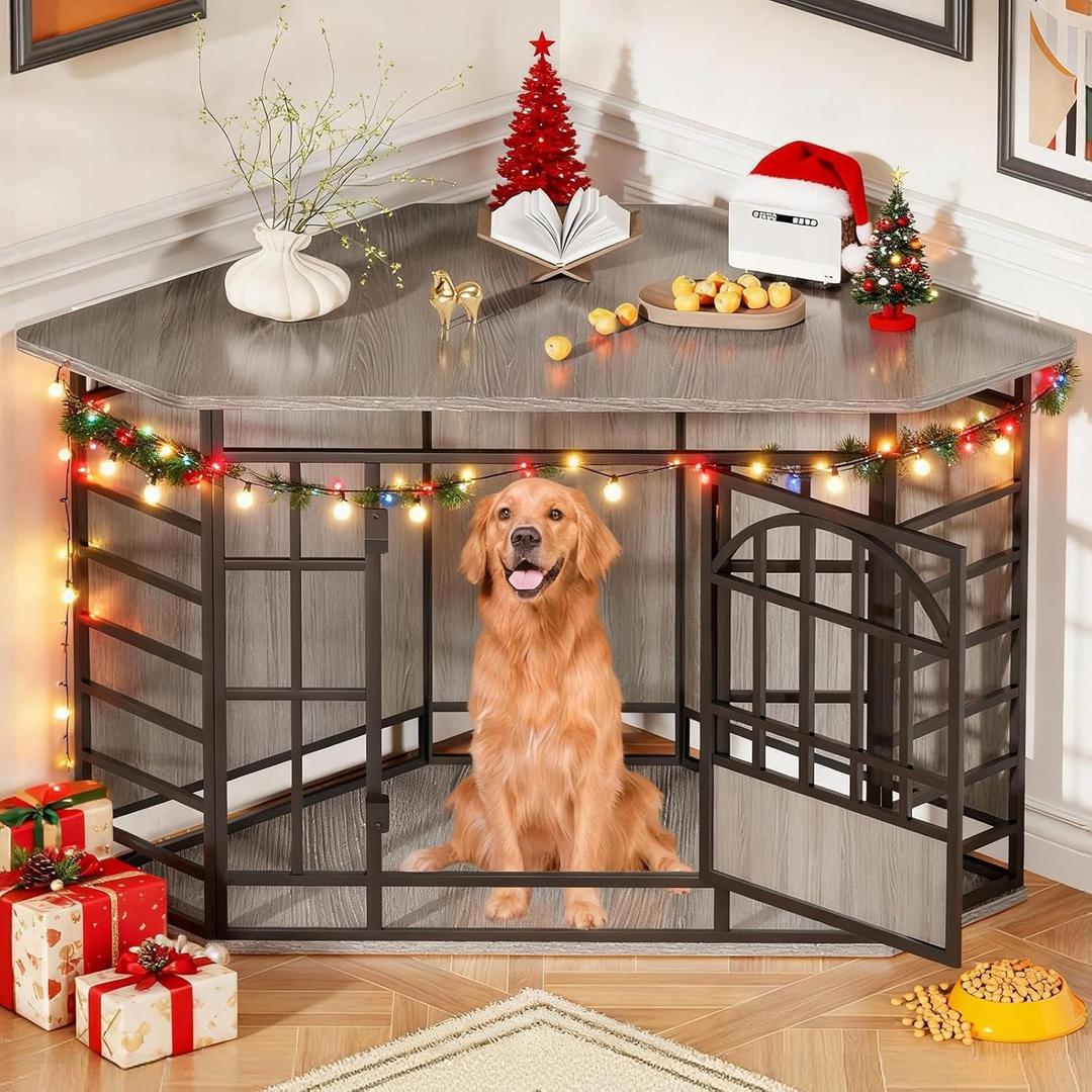 COZPAW Corner Dog Crate Furniture, 52 Inch Large Dog Kennel Indoor Wooden End Table, Modern Dog Cage Decorative Pet House TV Stand for Medium Large Dogs,Grey