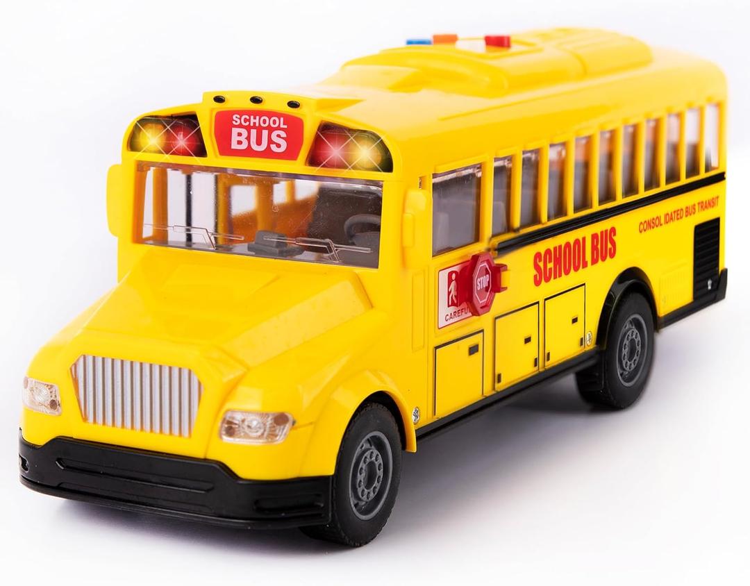 ArtCreativity Yellow School Bus Toy with Flashing Lights & Sound, Friction Powered 1/16 Scale School Bus Toy for Kids with 4 Sounds & Lights, Back & Side Doors Open, Easter Gifts for Kids Ages 3+