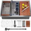 27 Inch Undermount Kitchen Sink with Quiet Drain - 11 Gauge Stainless Steel, Single Bowl - Multifunctional Handmade Modern Integrated Ledge Workstation Set -