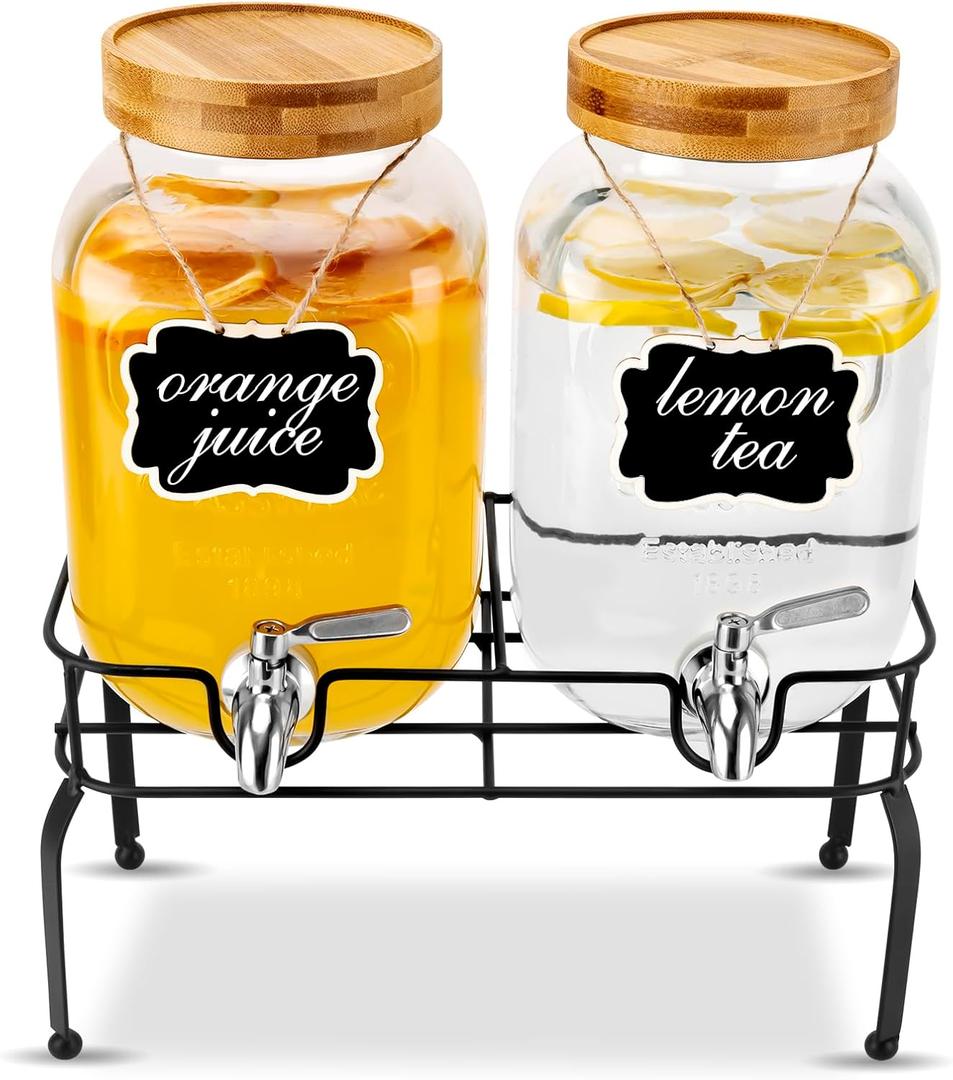 Drink Dispenser, 2PCS 1 Gallon Glass Drink with Stand for Parties (Double, with Stand)