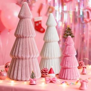 Pink White Christmas Table Decorations Indoor- 3 Pcs Flocked Velvet Christmas Trees with Lights, Modern Cone Christmas Tree Tabletop Centerpieces for Xmas Party Tabletop Mantel Tiered Tray Home Decor