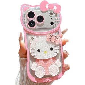 Cute Cartoon Case Designed for iPhone 17 Pro 6.3 inch, 3D Bow Funny Cartoon Cat Case with Makeup Mirror for Girls Women Soft Silicone Clear Shockproof Phone Cover for iPhone 17 Pro, Pink