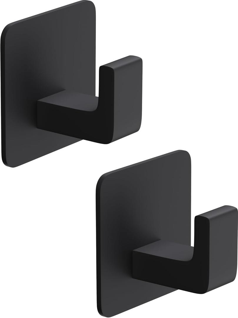 GWAAZXGZ Square Self Adhesive Towel Hooks - 2 Pack Matte Black Metal Hooks, Right-Angle Design for Towels, Robes & Hats, Organize Bathroom, Kitchen, Entryway, Doors, Cabinets on Smooth Surfaces