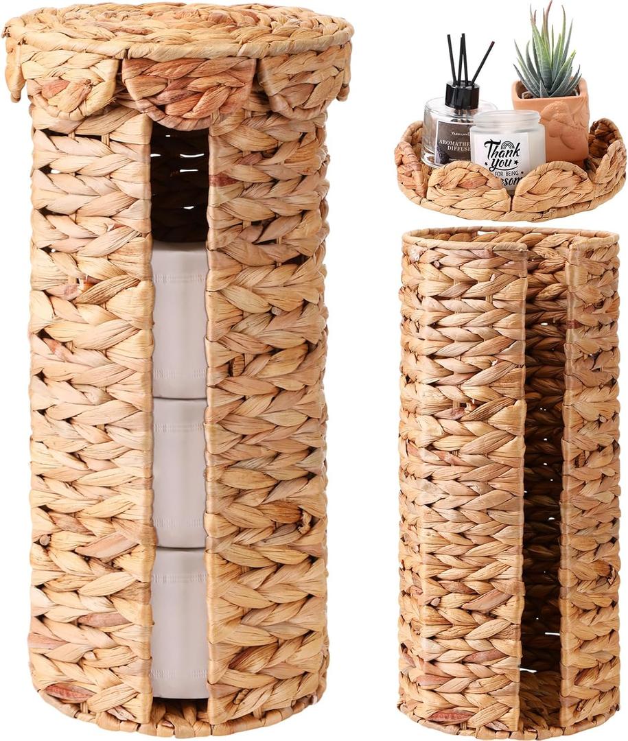 Wicker Toilet Paper Holder with Lid, Woven Paper Roll Holder Boho Rattan Toilet Papers Roll Stand for Bathroom Organizer and Storage Farmhouse Tissue Storage for 3 Mega Rolls(Water Hyacinth)
