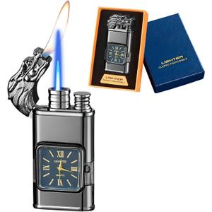 Torch Lighter, Magic Dual Flame Dragon Lighter with Portable Size, Windproof Lighter with Visible Fuel Tank, Adjustable Flame Refillable Butane Lighter for Men Friends Gifts (Without Butane)- Black-d