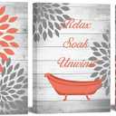 OuElegent Dahlia Canvas Wall Art Coral Gray Flower with Rustic Wood Background Painting Pictures Vintage Bathtub Relax Soak Unwind Inspiring Prints Artwork for Bathroom Decor 12"x16"x3 Panels