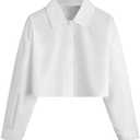 SHENHE Girl's Collared Long Sleeve Button Down Shirts Loose Basic Cropped Blouse Top, Size Small