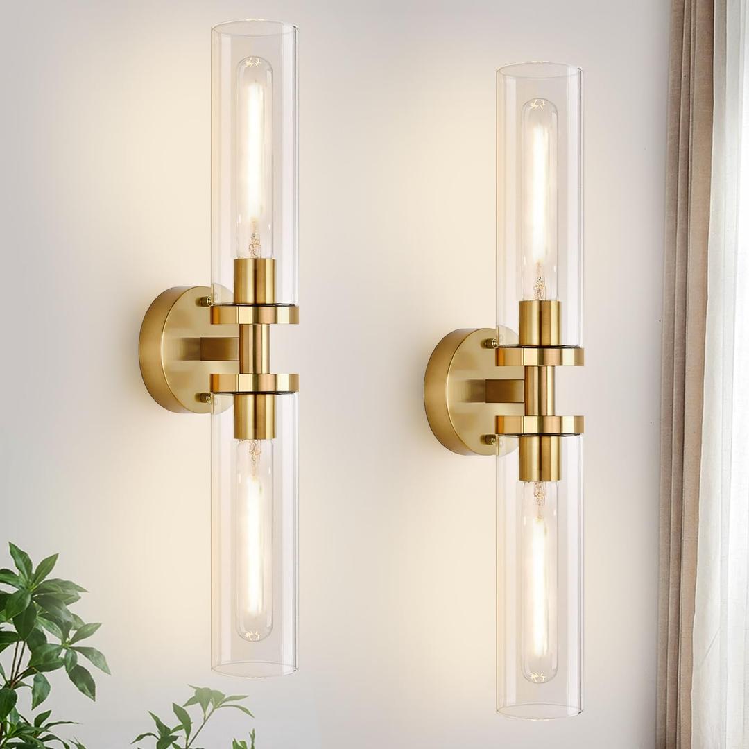 Wall Sconces Set of Two, Hardwired Brushed Gold Bathroom Sconces Wall Lighting with Clear Glass, Modern Sconces Wall Decor Set of 2 Bathroom Light fixtures for Mirror Hallway (Bulbs Not Included)