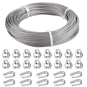 3/16 Wire Rope, 100ft Stainless Steel Cable with Wire Rope Clamps & Thimble, 3700lbs Breaking Strength, 7X19 Strands Aircraft Cable for Zipline, Deck Railing, Clothesline