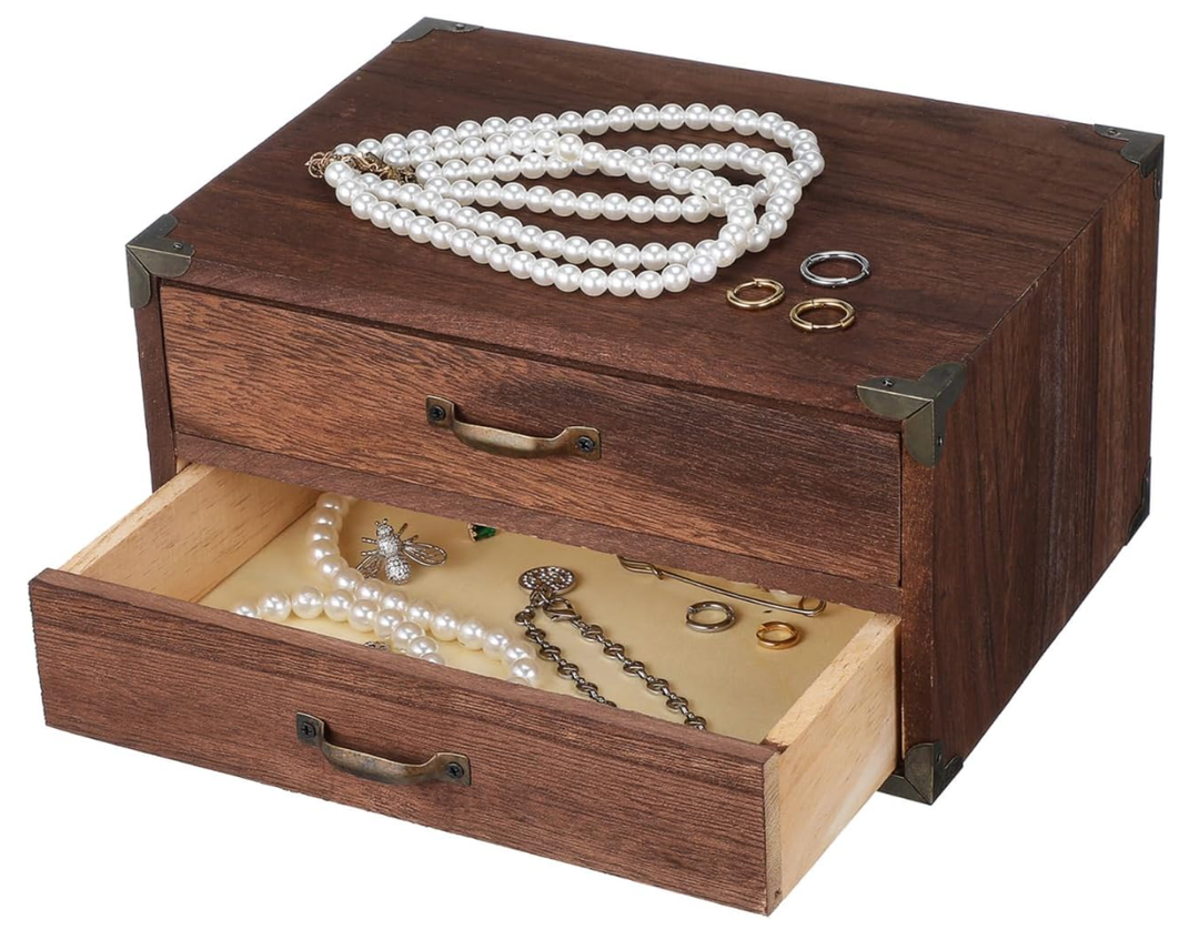 Kichvoe Vintage Wooden Drawer Storage Box with 2 Drawers Compact Desktop Organizer Cabinet for Office Supplies Jewelry Makeup and Home Desk 9.44X7.08X5.11 Inches