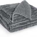 Sherpa Fleece Weighted Blanket with 3D Ribbed Stripes, 12 lbs Soft Flannel Heavy Throw Blanket for Couch Bed Sofa, Heavy Thick Blankets with Glass Beads, Great for Sleep, 48" x 72" (Light Grey)
