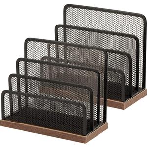 Wooden Desk Mail Organizer, Desktop File Organizer Metal Mesh with 3 Vertical Upright Compartments, Mail Sorter Letter Organizer Rack for Letters, Postcards, Brochures, Mail Holder (2 Pack Black)