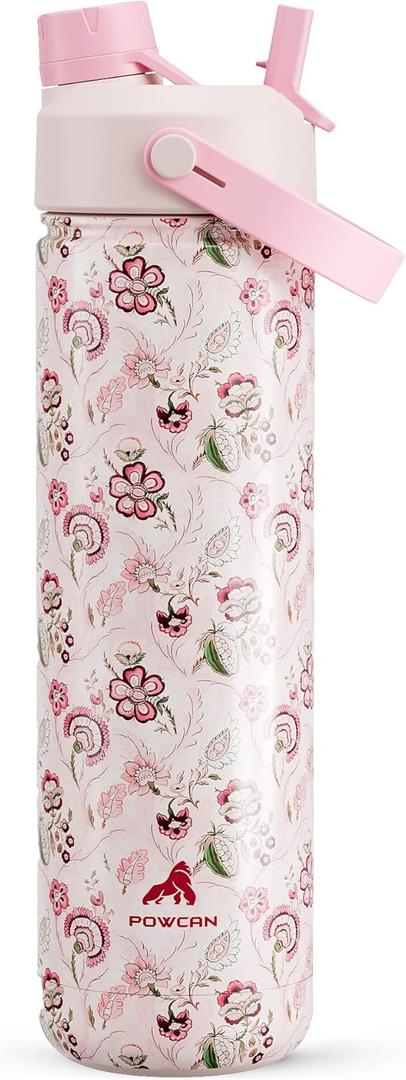 POWCAN 26 oz Insulated Water Bottle with 2-in-1 Straw and Spout Lid, Keep Cold 24H, Leak-Proof, Fits in Car Cup Holder, Stainless Steel Water Bottle for Sports, Travel, Gym and School (Pink Wild Bloom)