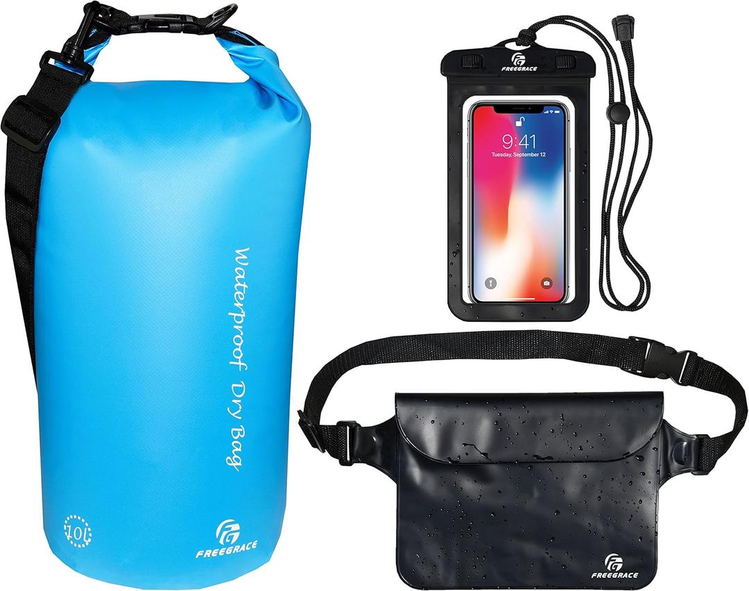 Freegrace Waterproof Dry Bag Set of 3 - Submersible Dry Sack with Double Zip Lock Seals - Includes Waist Pouch & Phone Case - Perfect for Kayaking, Swimming, Boating & Rafting (Sky Blue, 5L)