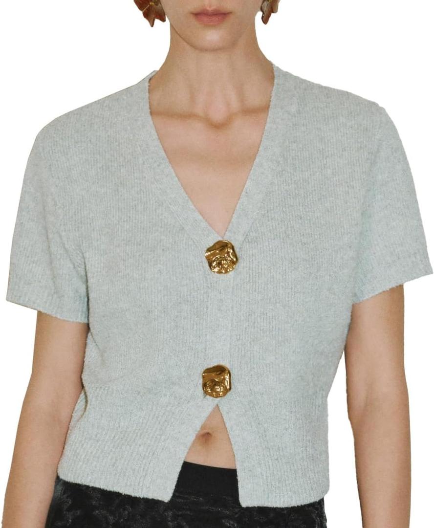 URBAN REVIVO Women's Cardigan Sweaters Short Sleeve V Neck Gold Button Down Cropped Knit Casual Summer Tops (Medium, Grey)