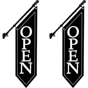 2 Pack OPEN Flag with Pole Kit - Heavy Duty Canvas Open Banner for Business Storefront, 42x12 Inch Outdoor Double-Sided Sign with Bracket - Advertising Signage for Retail & Shops (Black)