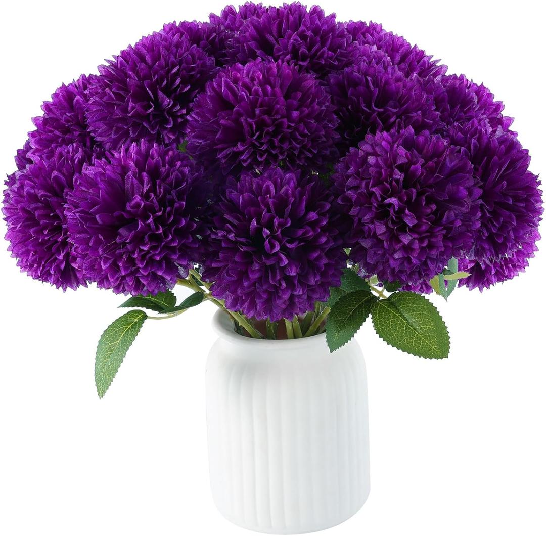 Hananona 12 Pcs Artificial Chrysanthemums Flowers Purple Flowers, Fake Mums Silk Vintage Flower for Home Decor Indoor Floral Arrangement Table Centerpiece (12, Purple)