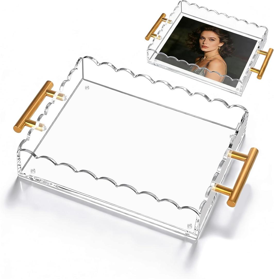 Acrylic Scalloped Tray 10'' X 8'' with Magnetic Bottom & Gold Handles - Customizable Picture Display Tray for Home Dcor Vanity Bathroom Kitchen Office & Living Room