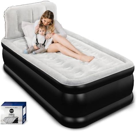 Twin Air Mattress with Headboard, Built-in Pump, 600 lbs Heavy-Duty Support, 19" Raised Comfort Design, 48-Hour Leak-Tested PVC, 2.5 Min Fast Inflation, Inflatable Mattress for Home, Guests & Camping