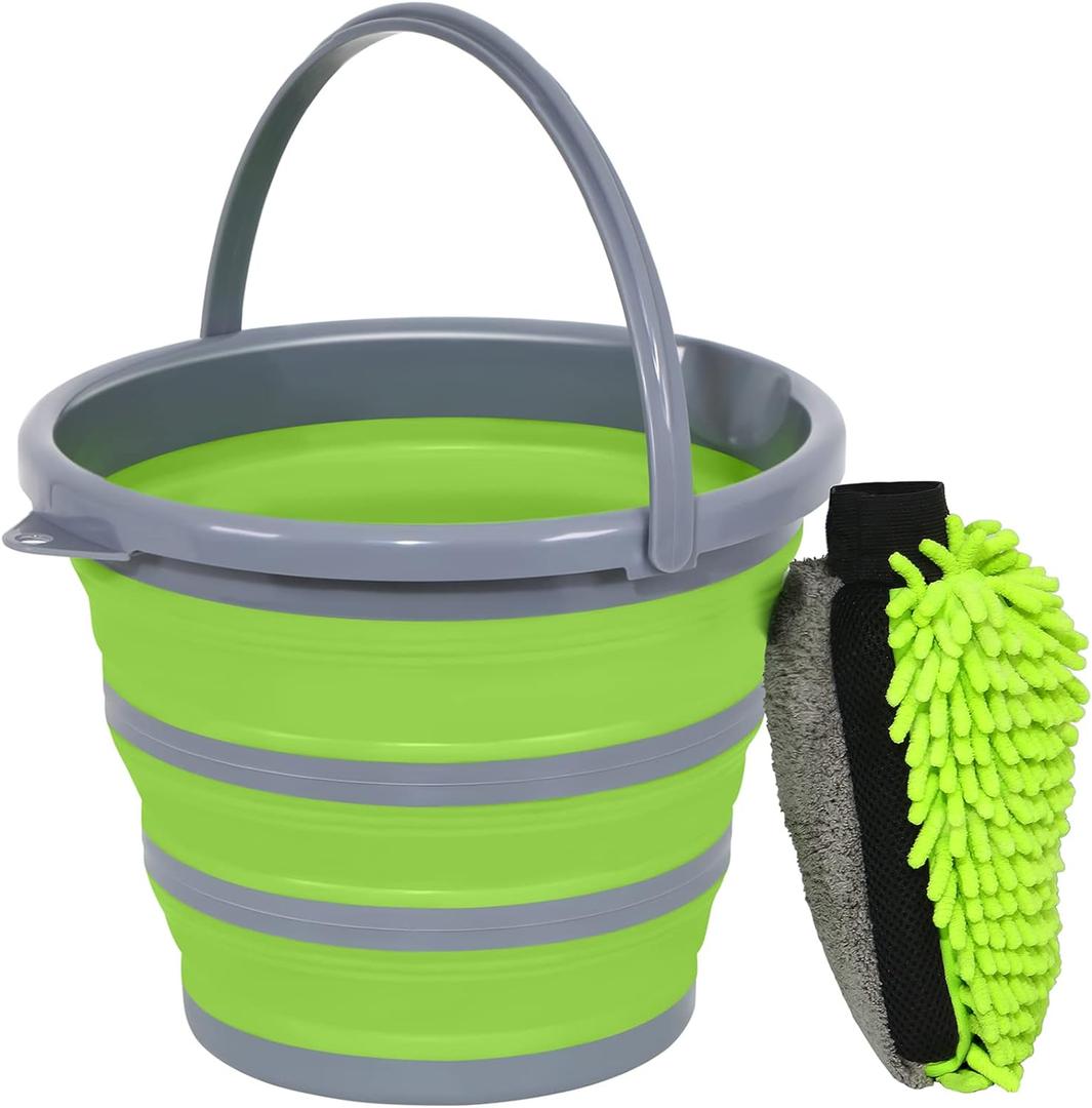 Collapsible Bucket with 3-in-1 Car Wash Mitt, Coral Velvet + Weave + Chenille Microfiber Glove Sponge, 10L (2.6 Gallon) Portable Folding Basin Pail for Household Cleaning