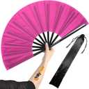 Large Rave Folding Hand Fan - Foldable Chinese Tai Chi Kung Fu fan - Ideal for Festivals, EDM, Dancing, Hot Flashes, Church and Gifts (Pink)