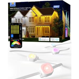 Gefolly Permanent Outdoor Lights Pro, 100ft with 60 RGBW Double-LED Lights 111 Scene Modes for Daily, Halloween, Christmas, IP67 Waterproof for Outdoor Decor, Works with Alexa, Google Assistant, White