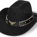 Western-Cowboy-Hats for Women Men - Classic Wide Brim Felt Fedora Unisex Upturn Bull Head Cowgirl Caps with Buckle Belt (Black)