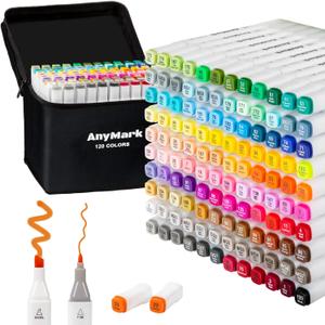 AnyMark Alcohol Markers, 120 Colors Dual Tip Art Coloring Markers Set for Adult Book Drawing Sketching Painting, Chisel & Fine, White Penholder