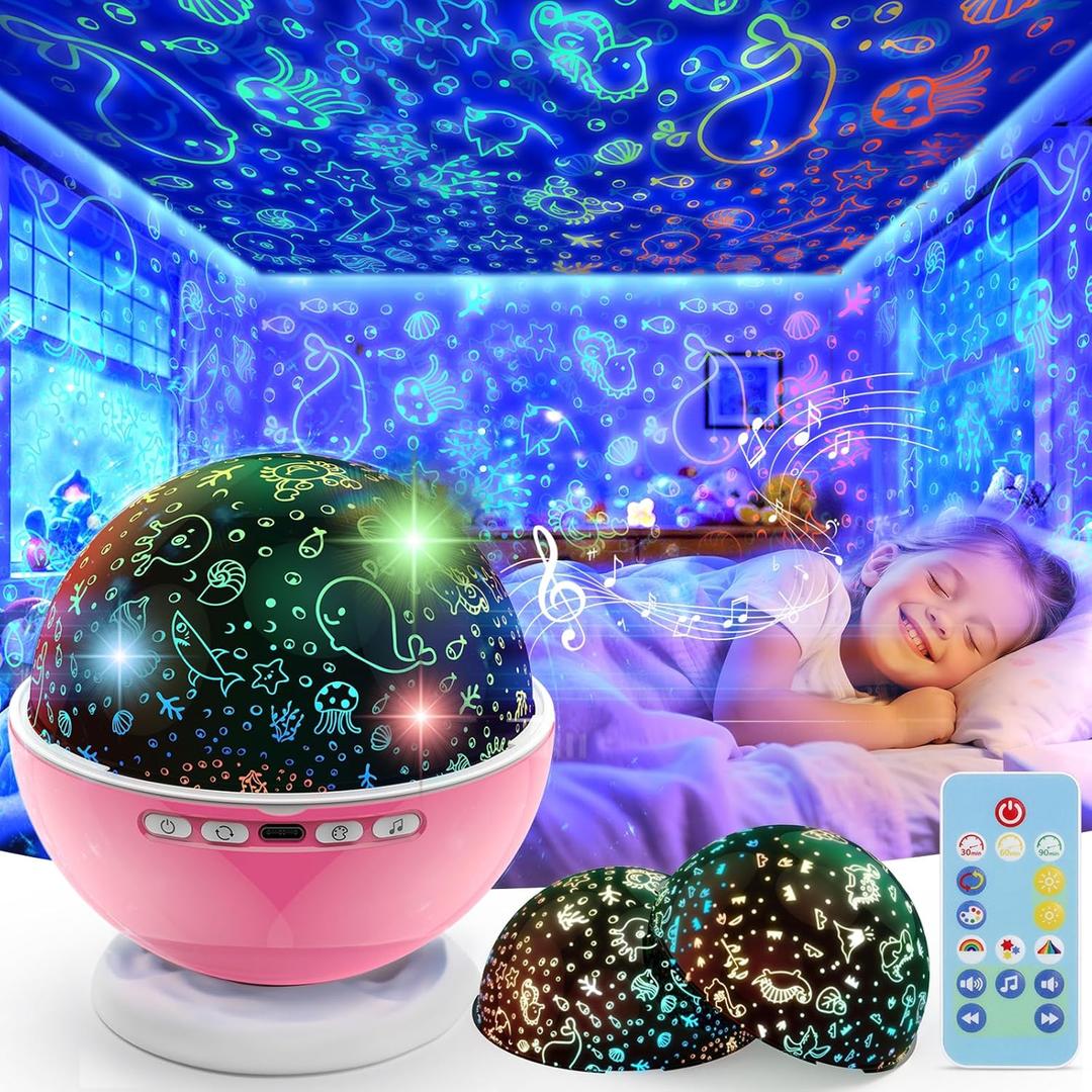 Night Light Projector,Night Light for Kids Room with Remote and Timer,360 Rotation,3 Projection Films,18 Light Modes,8 Lullaby Songs,Kids Night Lamp, Christmas Birthday Gifts for Boys Girls (Pink)