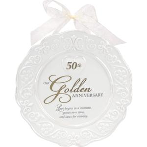 Malden International Designs Glazed Ceramic 50th Anniversary Plate With Gold Accents And Ribbon For Hanging, 9x9, White