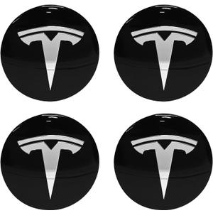 4 Pack Aluminum Waterproof Wheel Cover Center Emblem Sticker for Tesla Model 3 Model Y 56mm Hubcaps Wheel Rim Cover (Glossy Black Background+White Emblem)