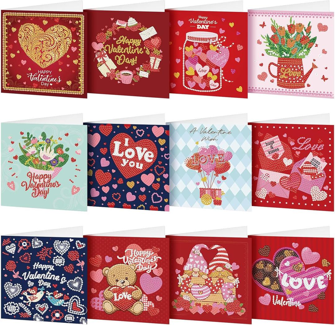 Saillong 12 Pack Valentine's Day Diamond Painting Greeting Card Kit Valentine Diamond Art Cards with Envelopes 5D Rhinestones Painting Making Kits for Adult DIY Craft Family Friend Holiday Gifts