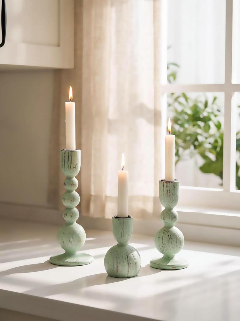 NUPTIO Candle Stick Holders Decor: Set of 3 Farmhouse Wooden Taper Candle Holders - Rustic Sage Green for Home Coffee Dinner Table