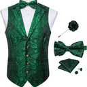 DiBanGu 5PCS Men's Suit Vest and Bow Tie Pocket Square Cufflinks Lapel Pin Set Shawl Collar Paisley Waistcoat Wedding Party (Small, Green)