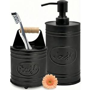 Autumn Alley Rustic Bathroom Accessories Set - Farmhouse Soap Dispenser and Toothbrush Holder Set - Western Bathroom Accessories, Farmhouse Decor for Bathroom Countertop, Galvanized Black