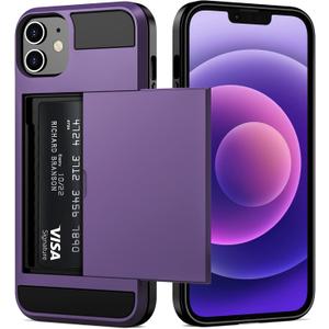 Vofolen for iPhone 12 Case Wallet Credit Card Holder ID Slot Sliding Door Hidden Pocket Men Women Anti-Scratch Dual Layer Hybrid Bumper Armor Protective Shell Back Cover for iPhone 12 6.1" GreyPurple