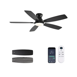 Ceiling Fans with Lights, 52 Inch Low Profile Ceiling Fan with Light and Remote Control, Flush Mount, DC Reversible Motor, Noiseless, Black 6 Speeds Ceiling Fan for Bedroom