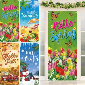 Preboun 4 Pcs Four Seasonal Door Cover Decorations Hello Spring Summer Autumn Winter Holiday Door Cover 78 x 35 Inches Seasonal Background Banner Curtain for Front Home Outdoor Party Decor