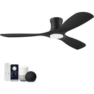 Hoenofly 52” Smart Wood Low Profile Ceiling Fan with Lights Remote,Quiet DC Motor,Outdoor Indoor Flush Mount Ceiling Fans Controlled by WIFI Alexa App,Modern Black for Bedroom Living Room Patio Porch