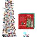 HMASYO 6 FT Pop Up Christmas Tree with 100 LED Lights & Remote, Silver Christmas Tinsel Tree, Collapsible Artificial Pencil Tree for Home Office Party Decor, USB Powered Timer Lights, Easy Assembly