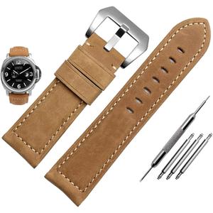 Niziruoup 26mm Watch Band Top Grain Leather Strap Compatible with Panerai Watch Band, Vintage Genuine Leather Replacement Watch Band for Men Khaki(Silver Buckle), 26mm