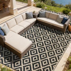 SAND MINE Waterproof Outdoor Rug 10x20 ft, Plastic Reversible Rug, Modern Area Rug, Large Floor Mat for Outdoors, RV, Patio, Backyard, Deck, Picnic, Beach, Camping, Black & Beige