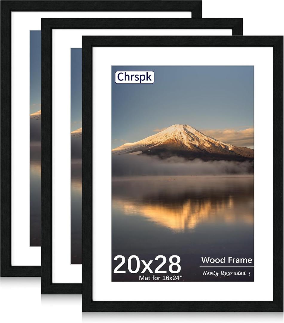 20X28 Poster Frame, Display Pictures 16X24 with Mat or 20X28 Without, Wall Hanging Frames, Black, 3 Pack